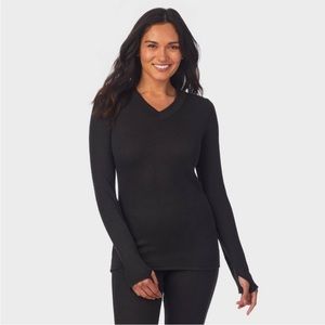 NWT Warm Essentials by Cuddl Duds Black Smooth Mesh Thermal V-Neck Top Size L